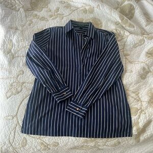 Pinstriped Ralph Lauren Women’s Blouse Shirt Sz L Long Sleeve Blue White